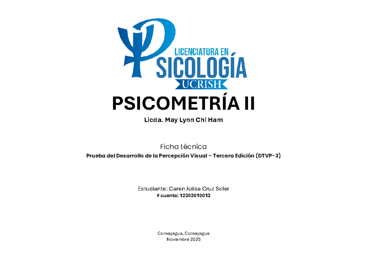 PSICOMETRÍA II: Ficha Técnica de la Prueba DTVP-3 - Document Preview