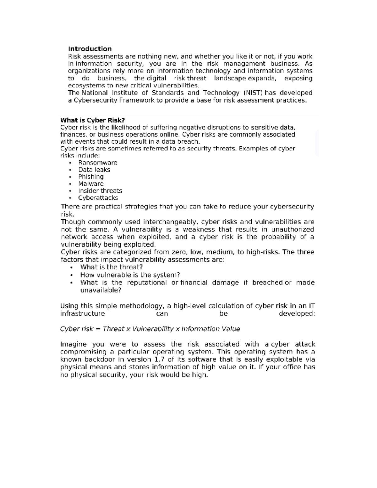 Cyber Risk Assessment: A Comprehensive Guide to NIST Framework - Studocu