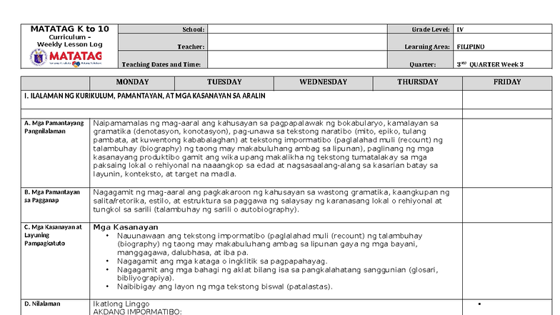 DLL Filipino 4 Q3 W3 Final - MATATAG K to 10 Curriculum – Weekly Lesson ...
