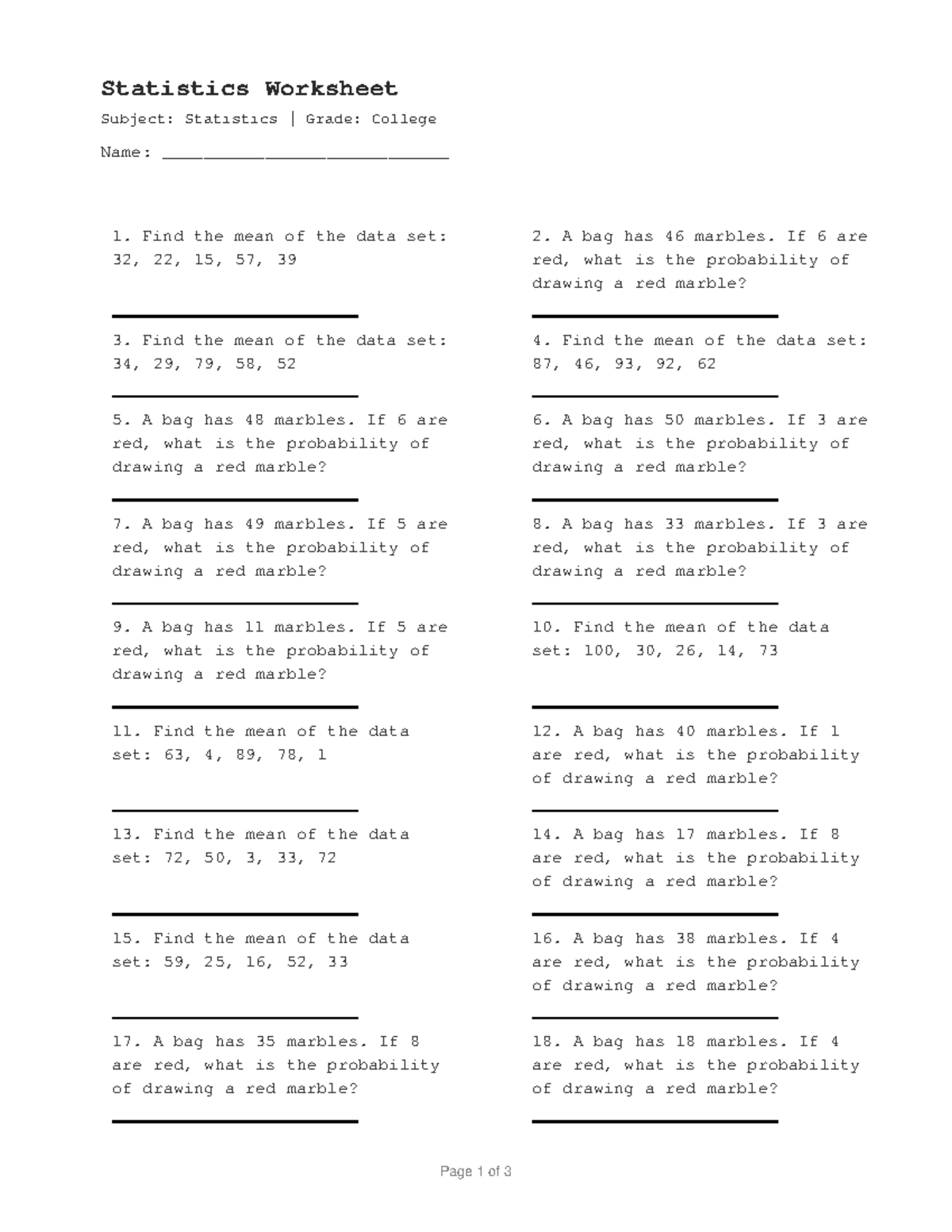 Statistics Worksheet 1: Mean & Probability Problems - Studocu