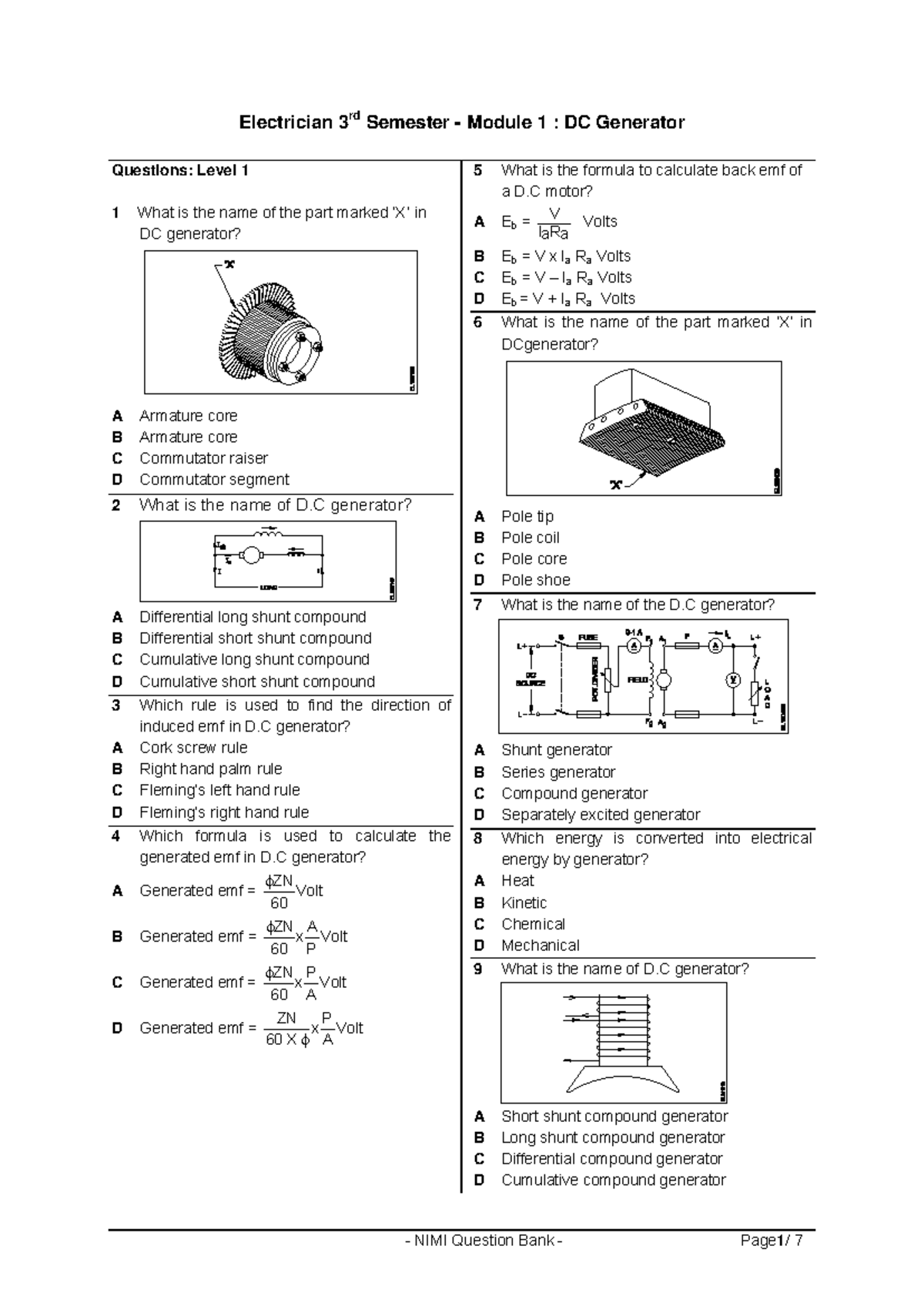 Electrician 3rd Sem NSQF - Module 1 & 2: DC Machines Test Questions ...