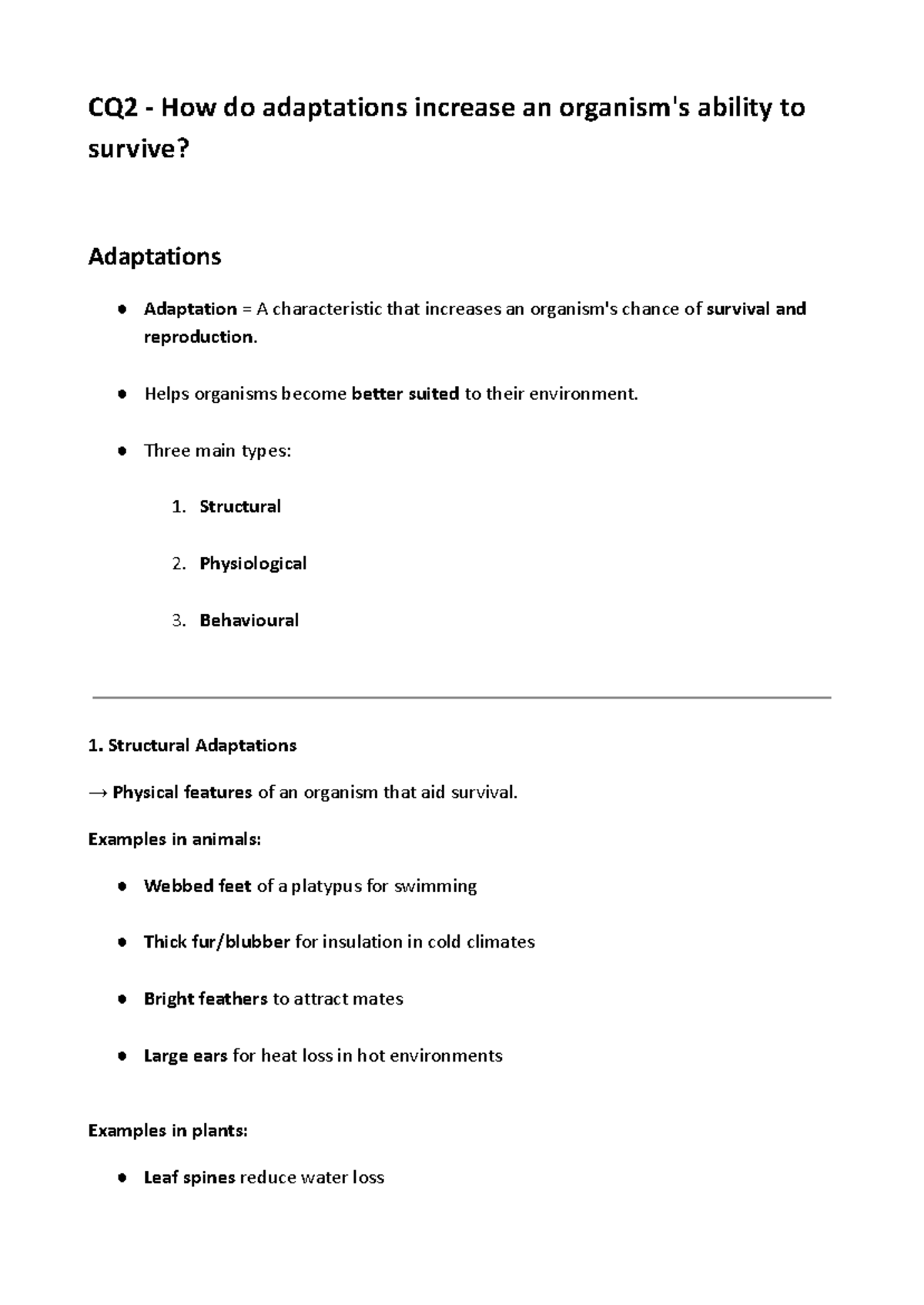 Biology CQ2 Notes: Organism Adaptations for Survival - Studocu