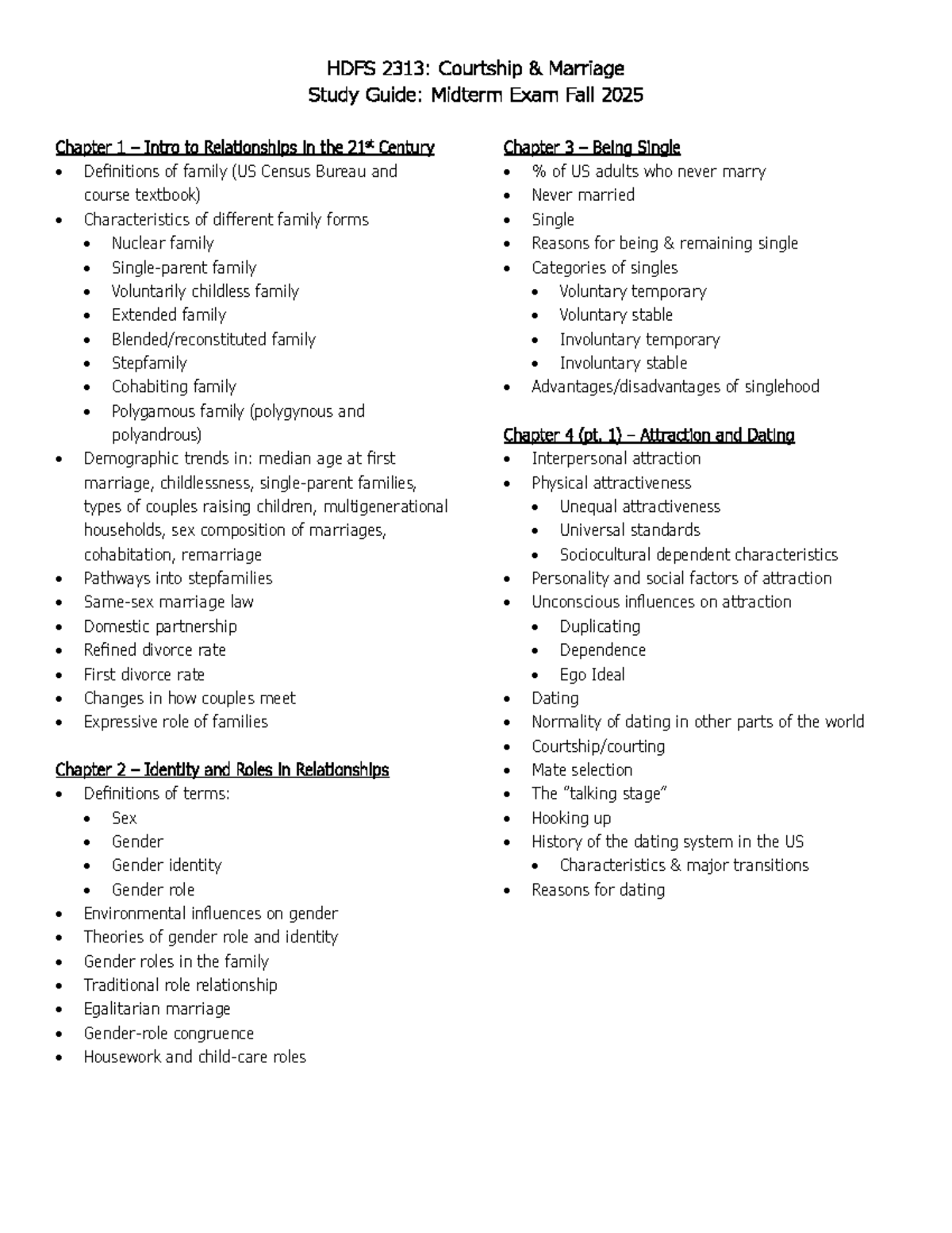 HDFS 2313: Midterm Study Guide on Courtship & Marriage Fall 2025 - Studocu