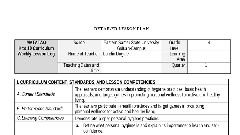 Revised Detailed Lesson Plan for Personal Hygiene (MATATAG K to 10 ...