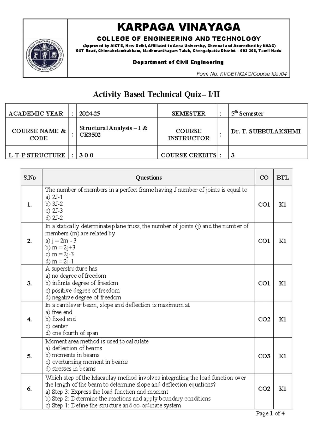 13. Activity based technical quiz I - WITH Answer - COLLEGE OF ...