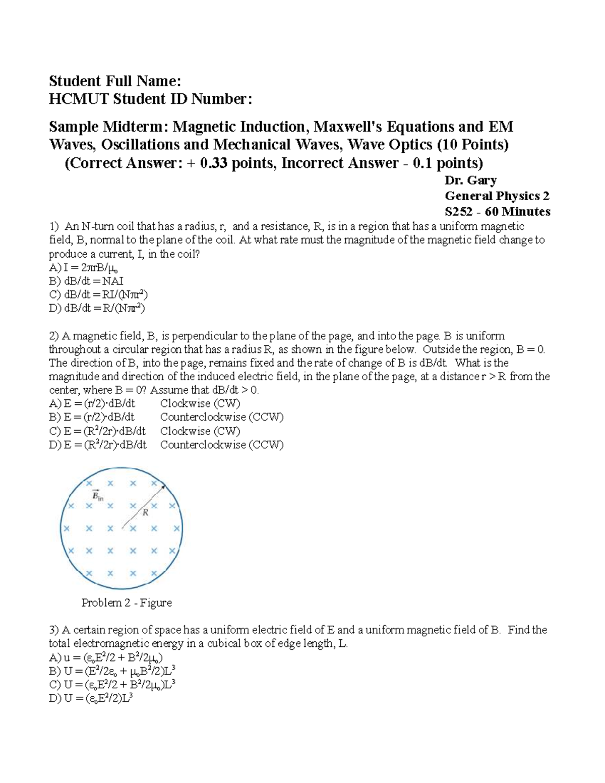 Sample Midterm - S252 - Magnetic Induction, EM Waves & Wave Optics ...