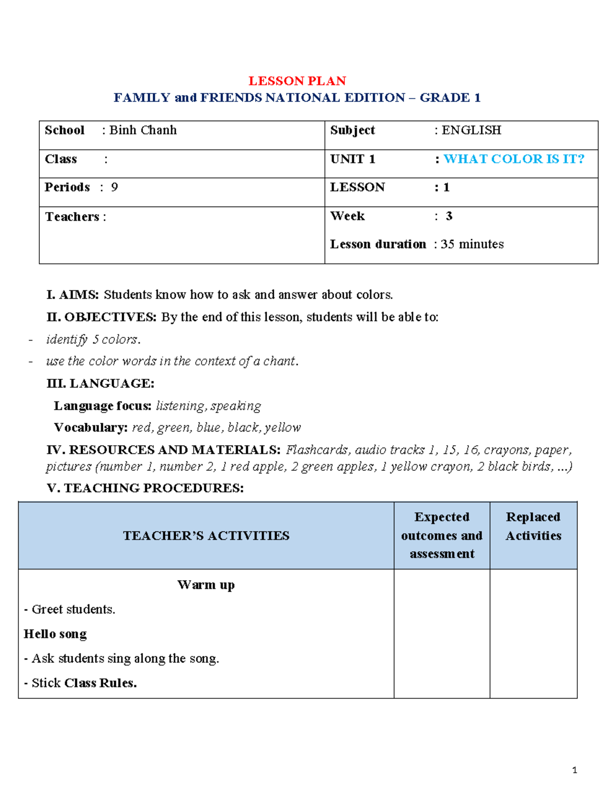 Grade 1 English Lesson Plan: Unit 1 - What Color Is It? - Studocu