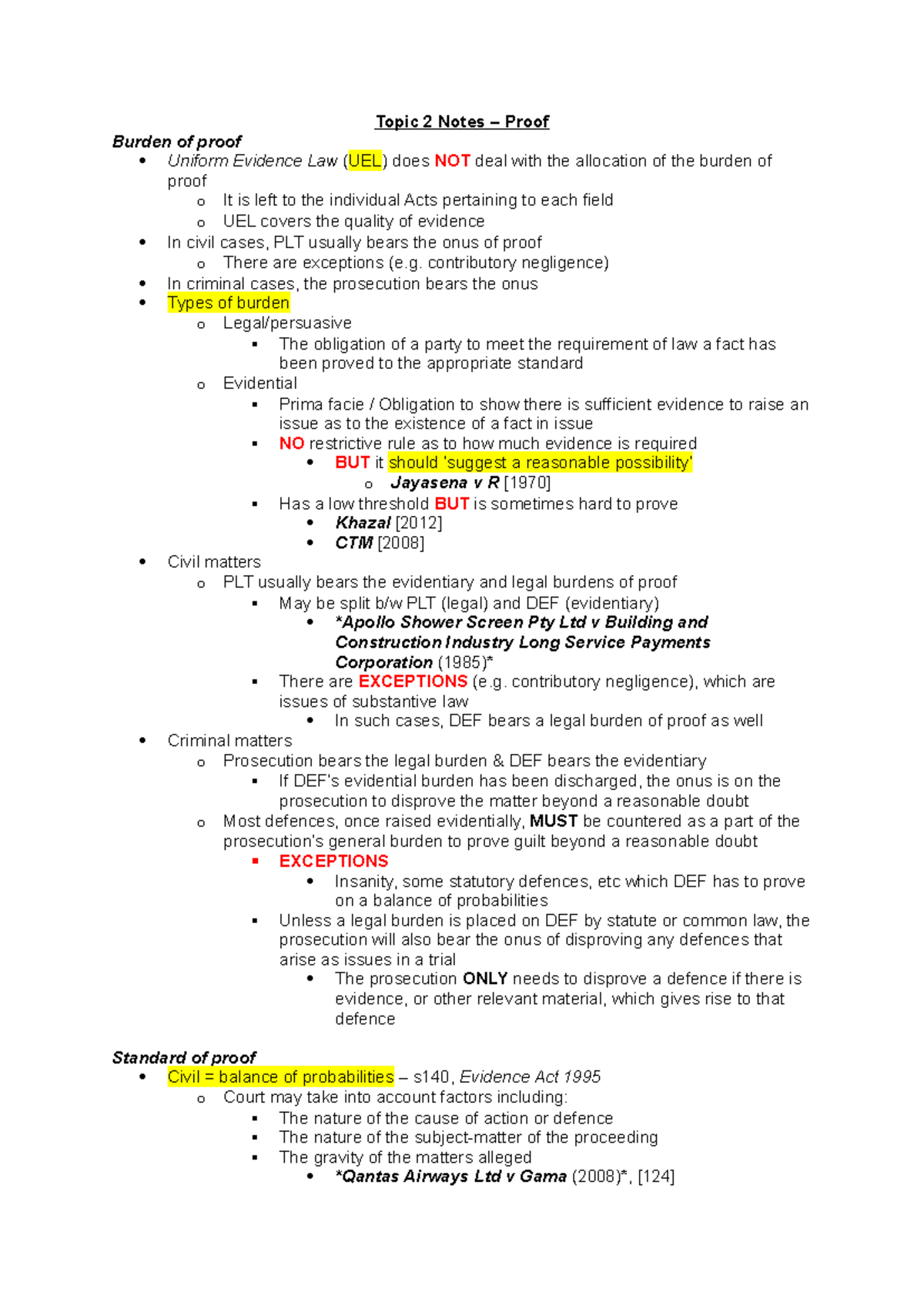 Week 2 Notes - Topic 2 Notes – Proof Burden of proof Uniform Evidence ...