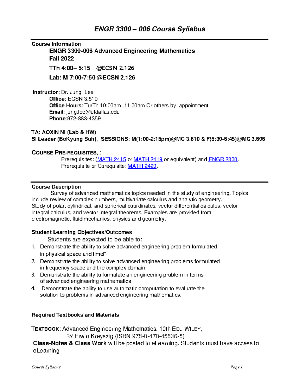 ENGR 3300-006 Fall 2022 Advanced Engineering Math Syllabus - Studocu