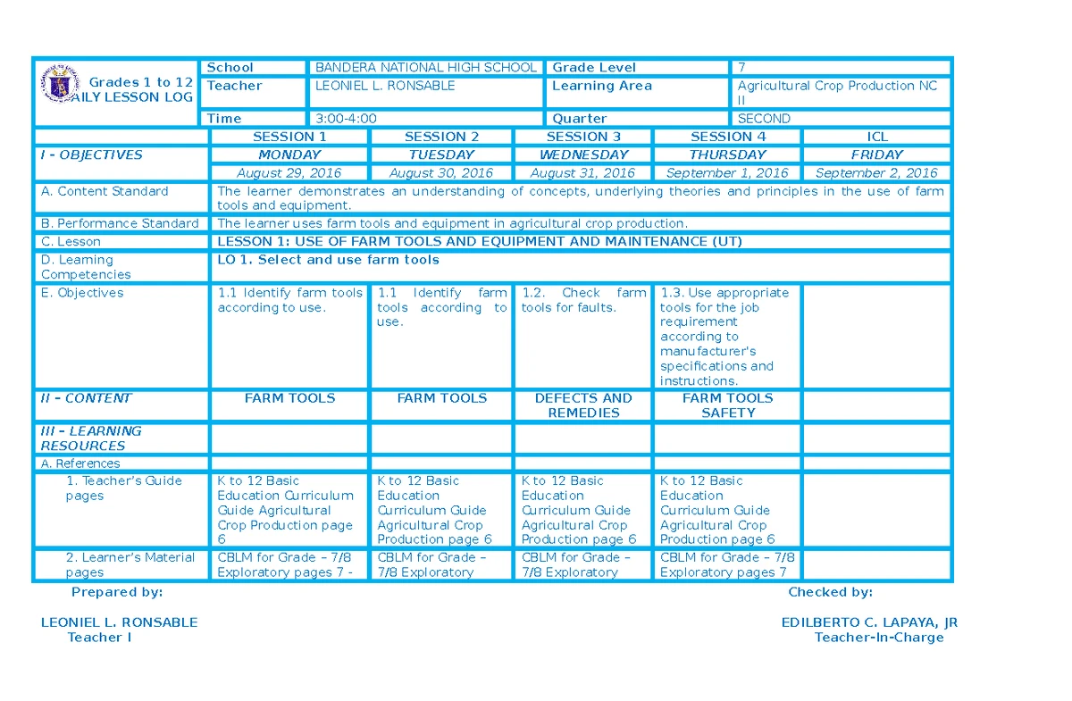 Cookery Lesson Plan for Grade 8: Cleaning & Sanitizing Tools (TLE_HECK9 ...
