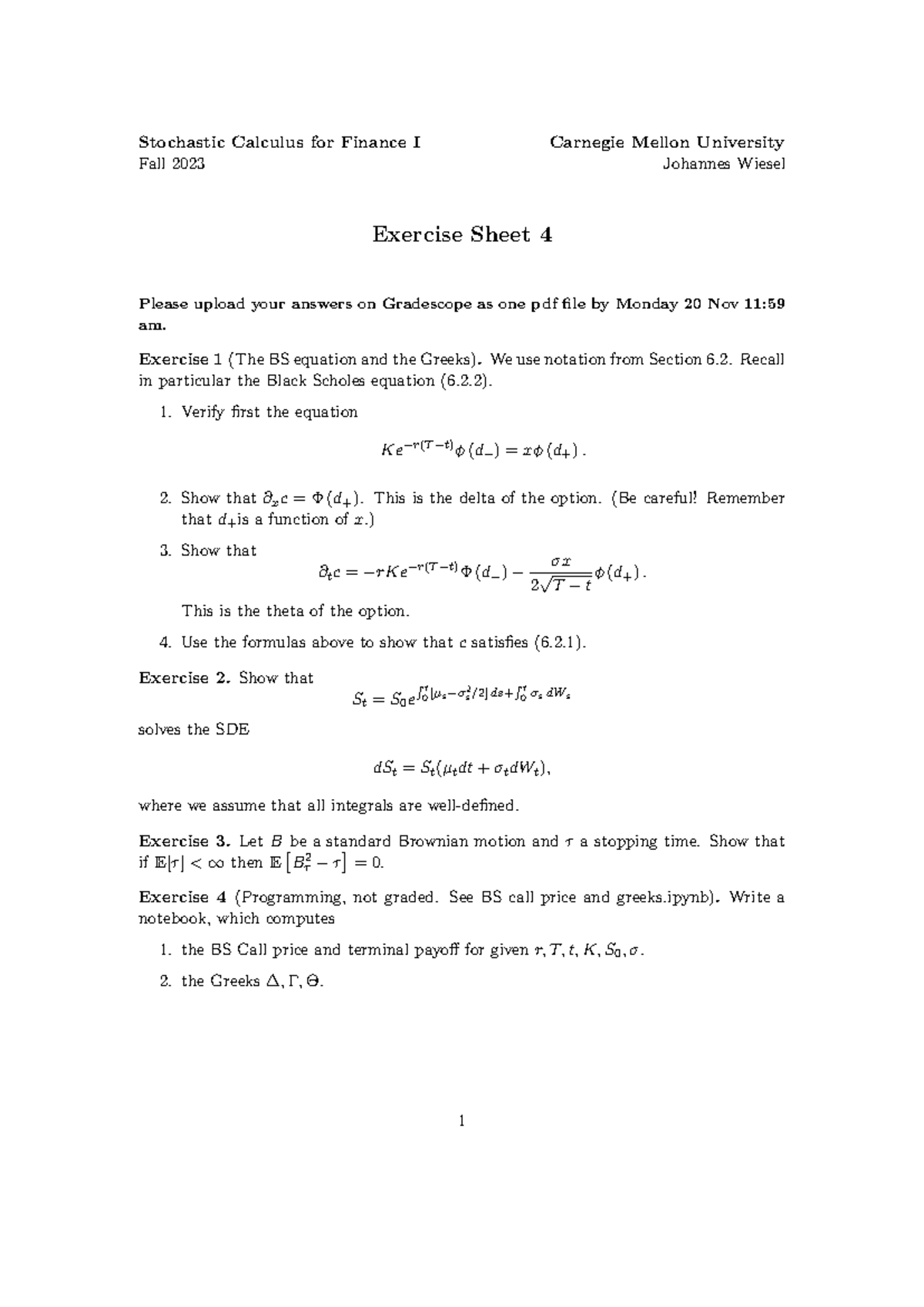 Stochastic Calculus for Finance I - Homework Sheet 4 (Fall 2023) - Studocu