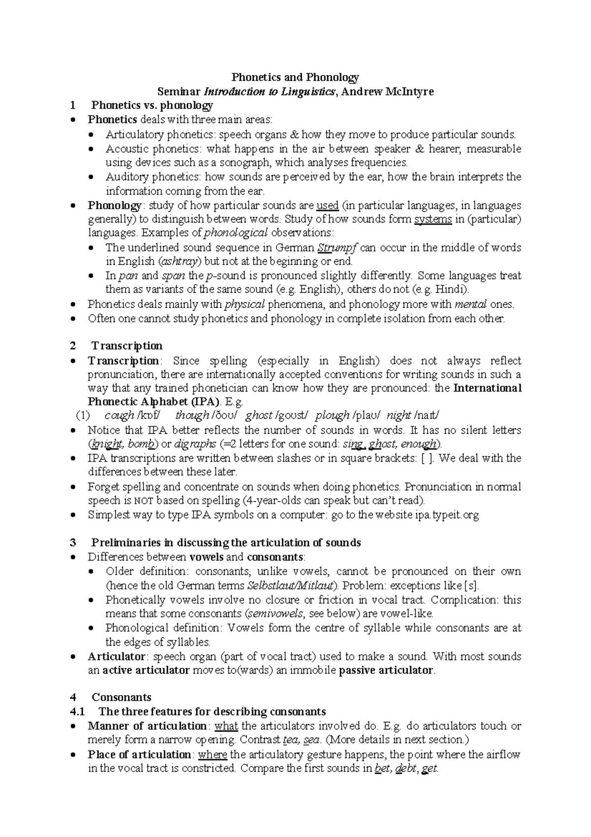 Phonetics & Phonology Notes: Linguistics Seminar (Intro to Linguistics ...