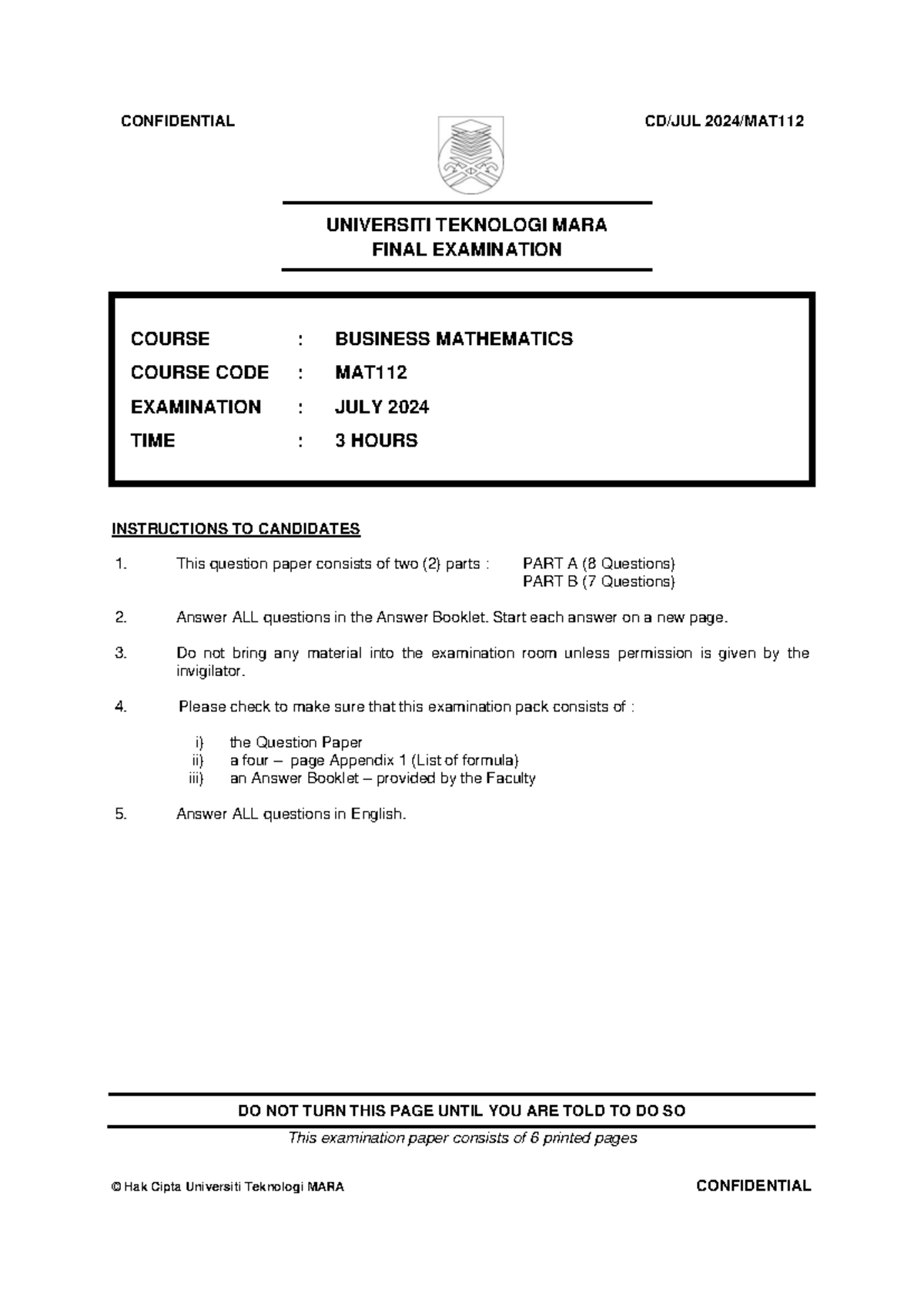 Final Exam MAT112 Business Mathematics July 2024 (with Answers) - Studocu