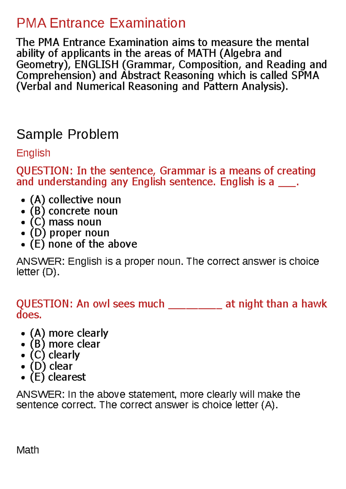 PMA Entrance Exam: Sample Questions & Answers Guide - Studocu