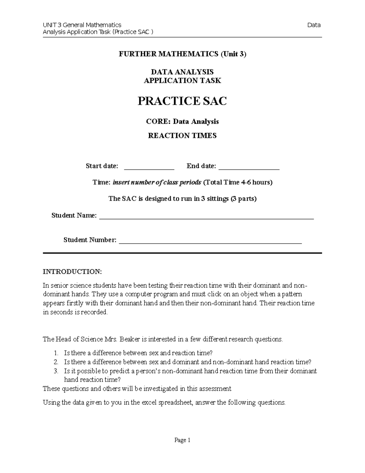 Unit 3 Further Mathematics: Data Analysis Application Task (Practice ...