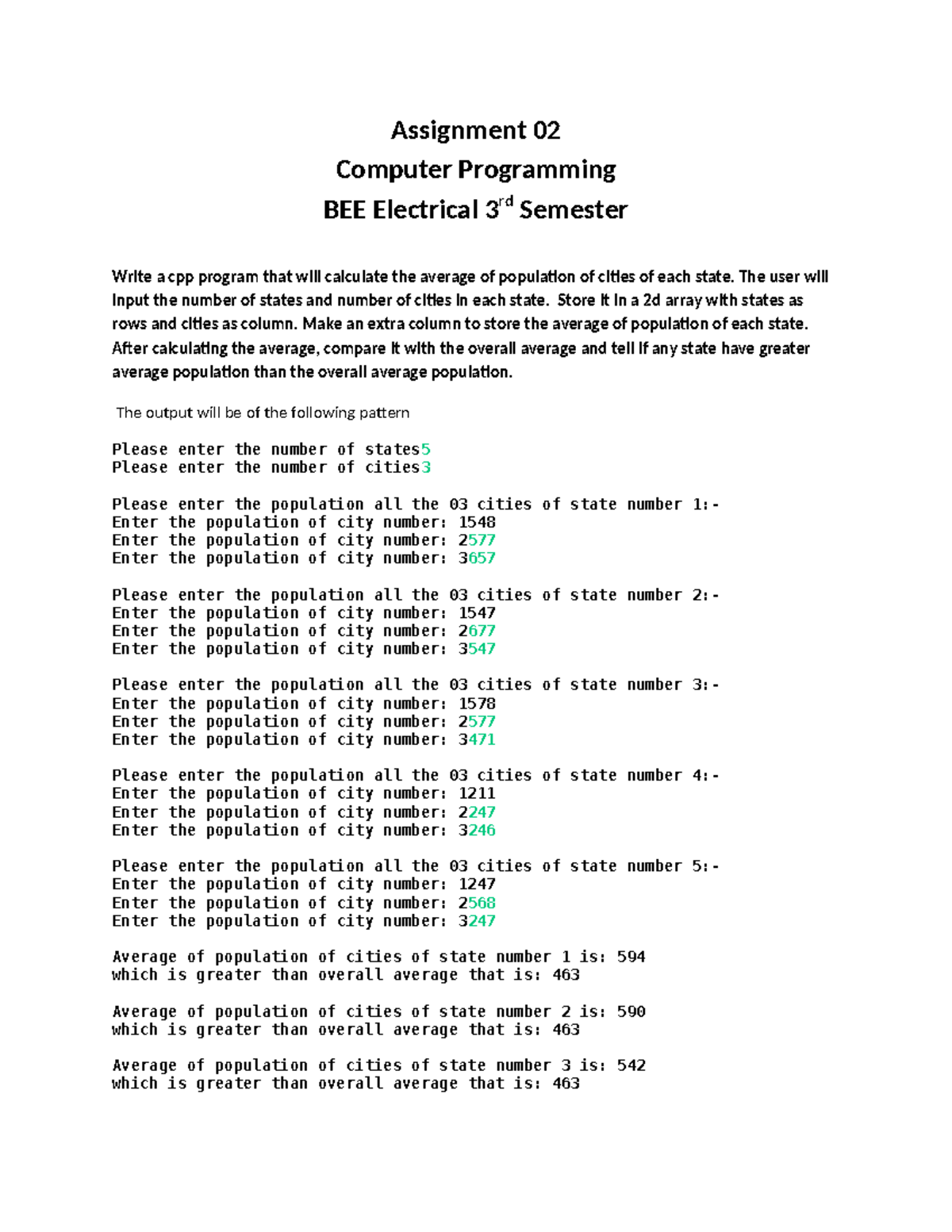Assignment 02: C++ Program for State Population Averages BEE 3rd Sem ...