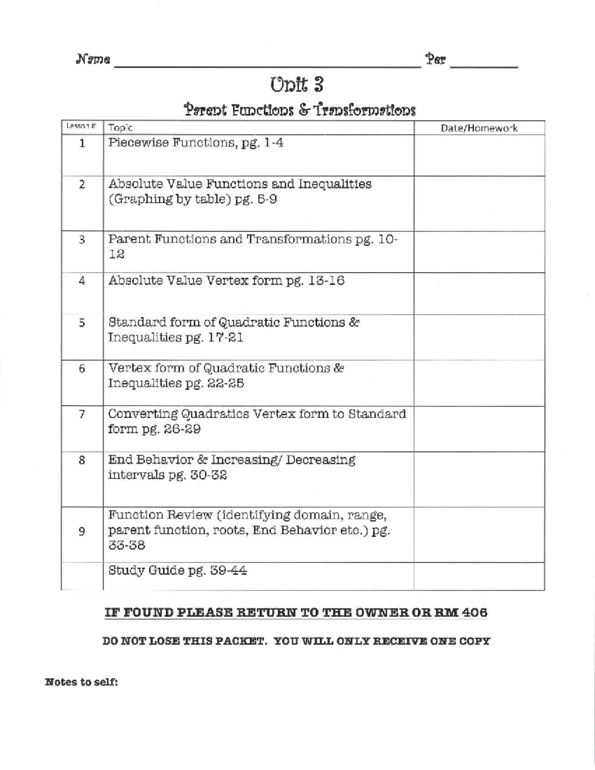 Unit 3: Parent Functions & Transformations Study Guide - Studocu