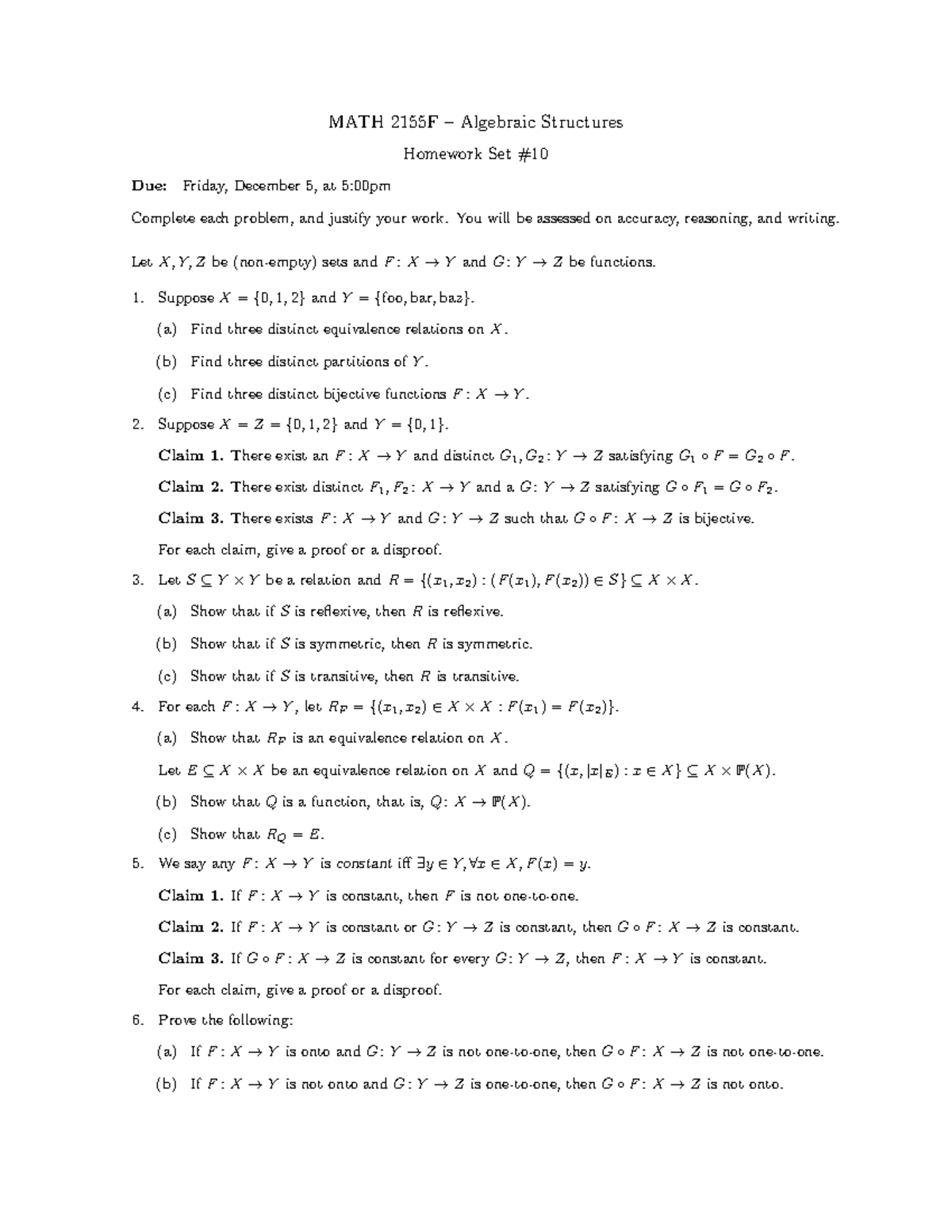 MATH 2155F Algebraic Structures Homework Set 10 - Studocu
