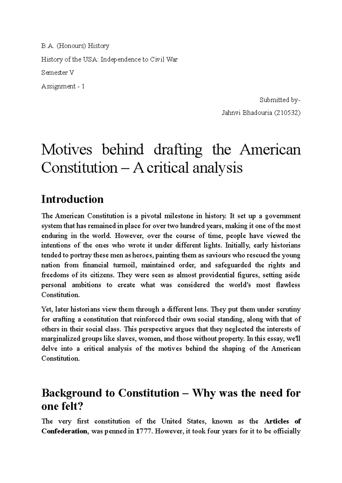 Motive behind framing the American Constitution - A critical Analysis ...