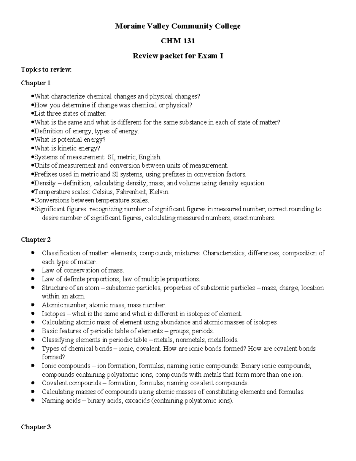 CHM 131 Review Packet for Exam I: Key Concepts & Sample Problems ...