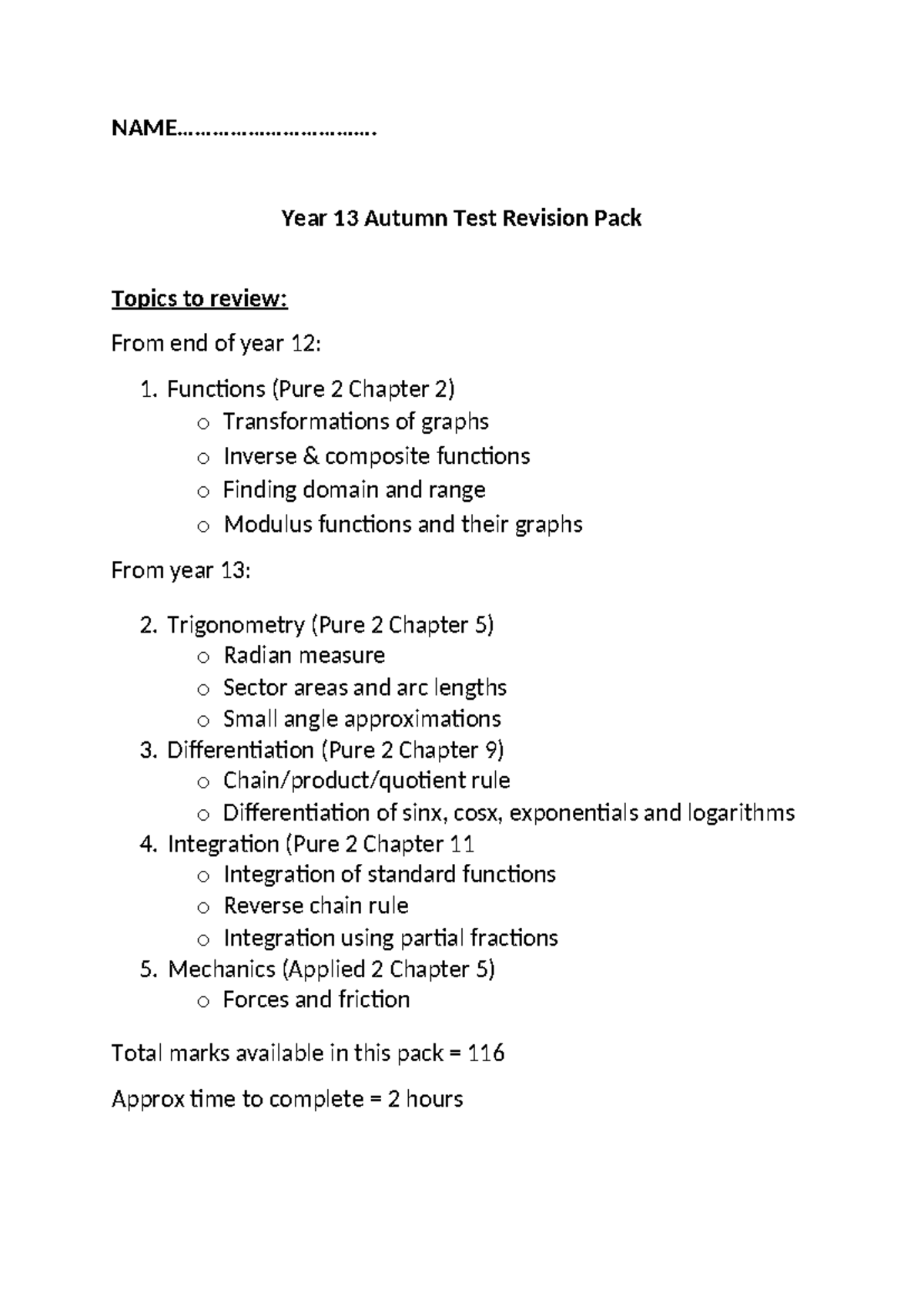 Year 13 Pure & Applied Maths Autumn Test Revision Pack - Studocu