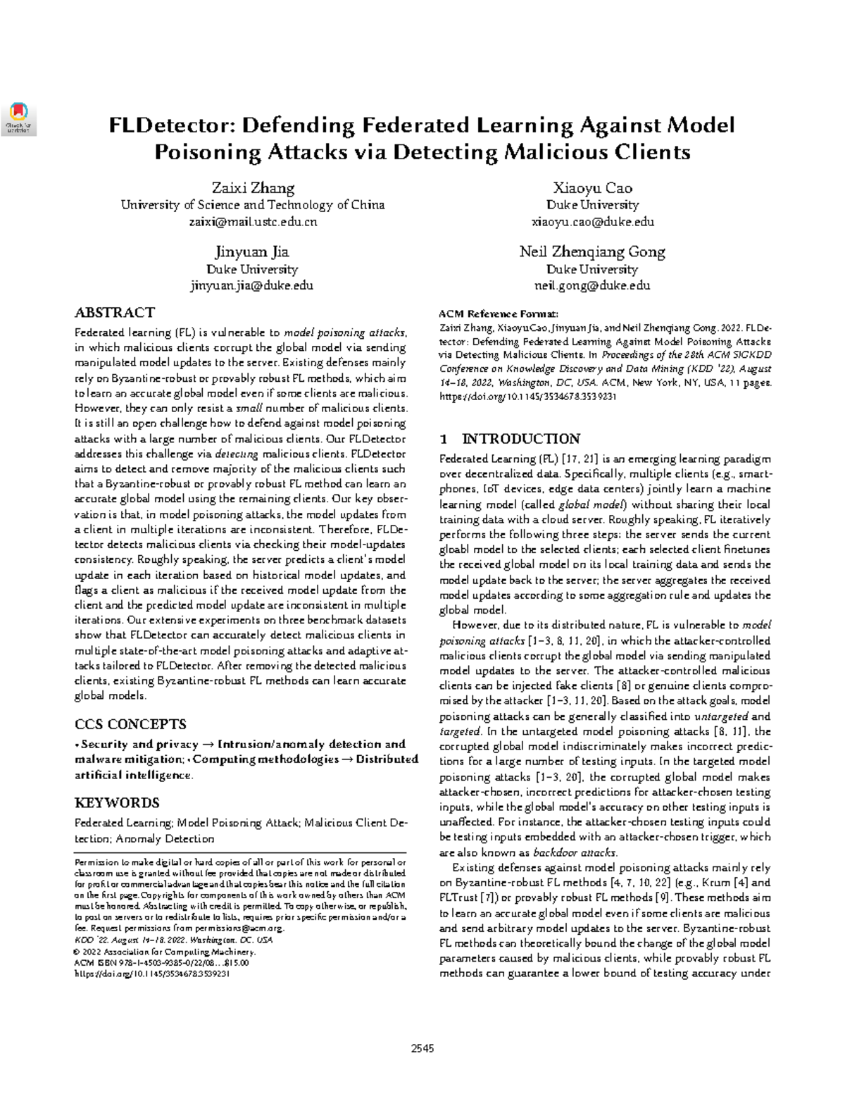FLDetector: A Defense Mechanism for Federated Learning Against Model ...
