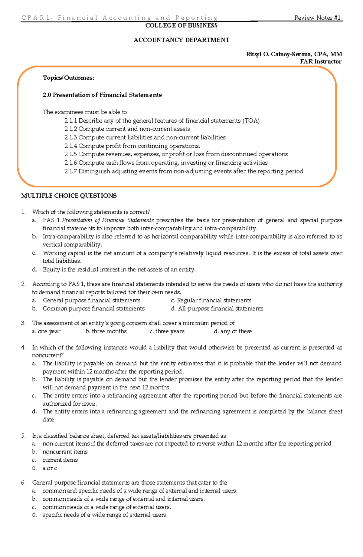 CPAR1 - Financial Accounting & Reporting: Review Notes #1 - Studocu