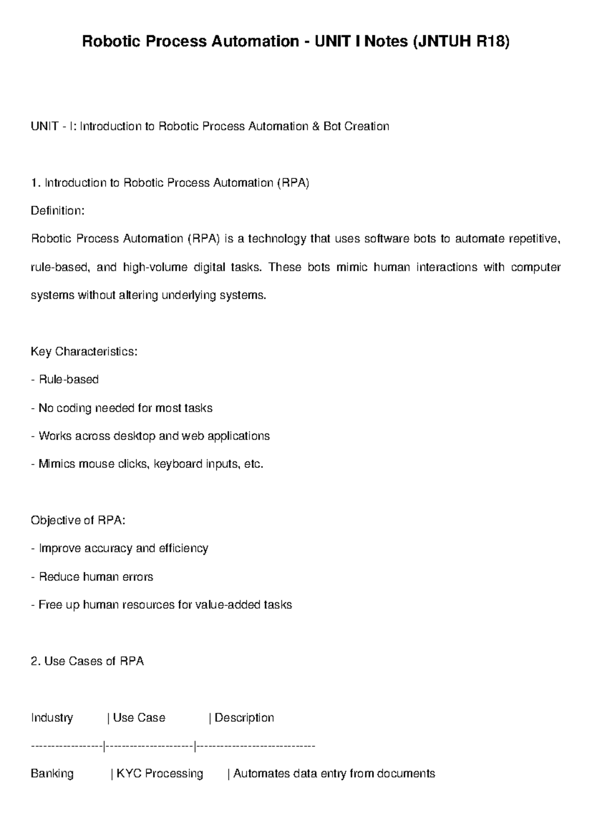 RPA UNIT I: Intro to Robotic Process Automation Notes (JNTUH R18) - Studocu