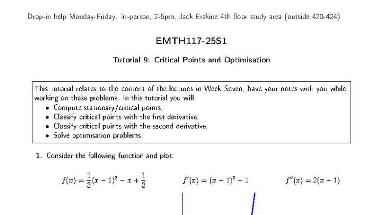 EMTH117 Tutorial 09: Critical Points & Optimisation Techniques - Studocu
