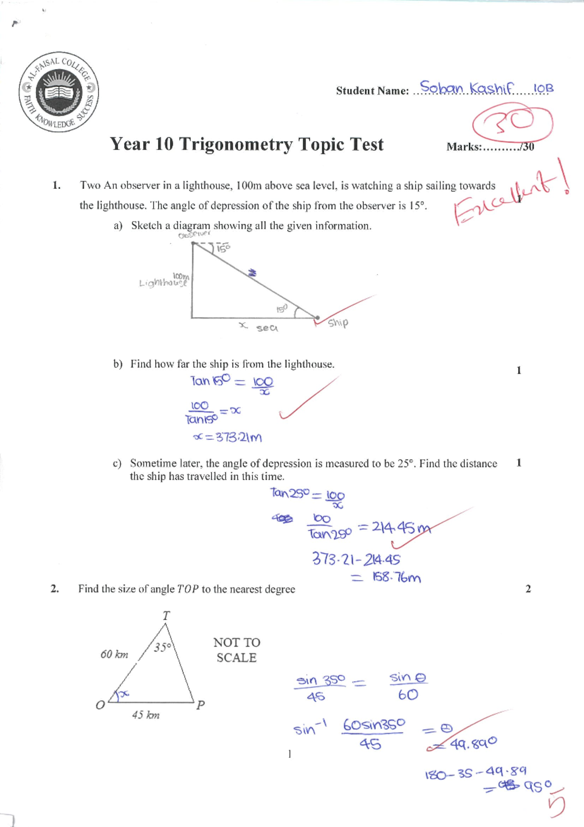 Year 10 Trigonometry Topic Test - COLLORE 10B - Studocu
