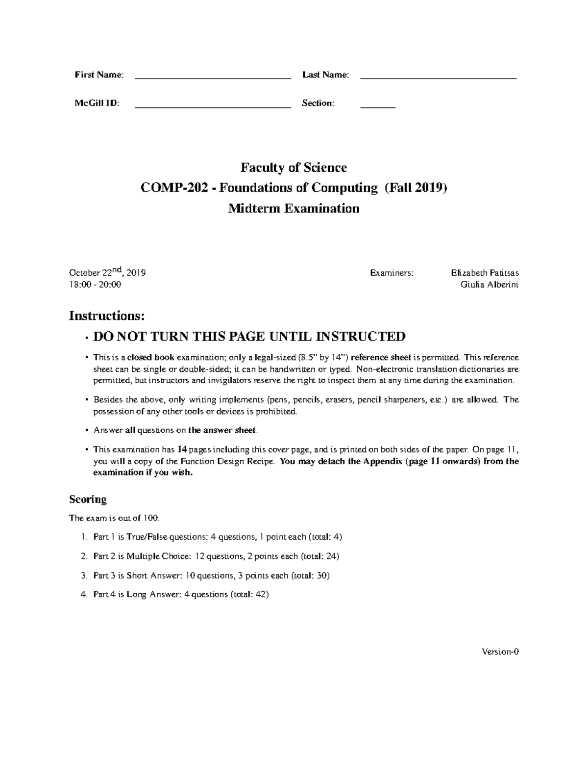 COMP202 F2019 Midterm Exam Overview and Instructions - Studocu