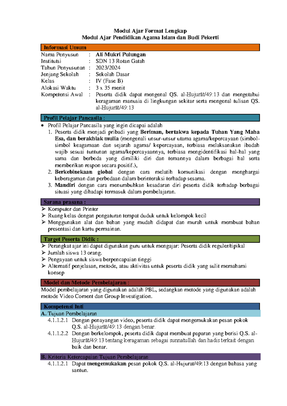 Modul Ajar: Pesan Pokok QS. al-Hujurat 49:13 untuk Kelas IV - Document Preview