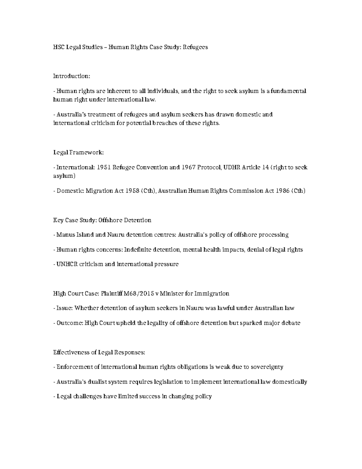 HSC Legal Studies Case Study: Human Rights & Refugees - Studocu