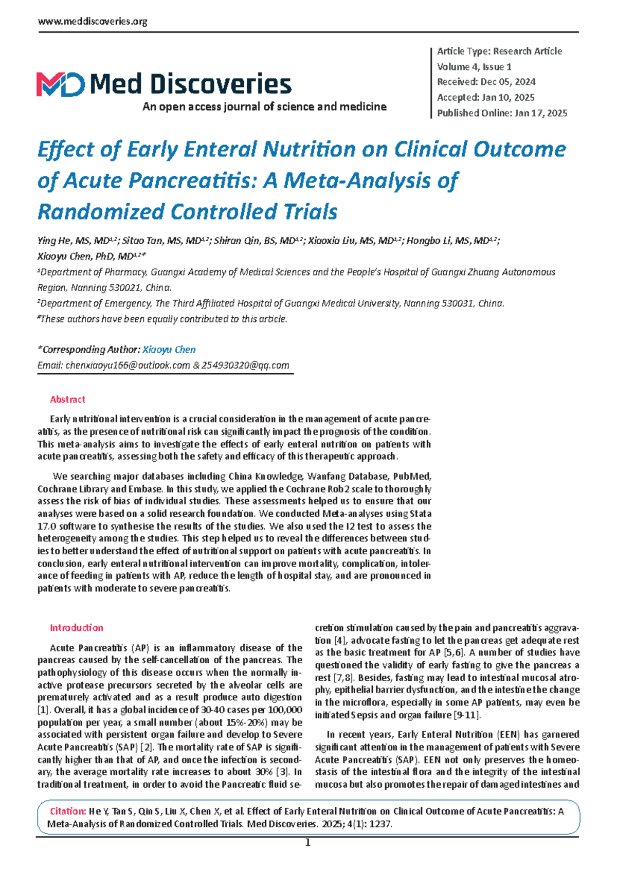 Effect of Early Enteral Nutrition on Acute Pancreatitis Outcomes: A RCT ...