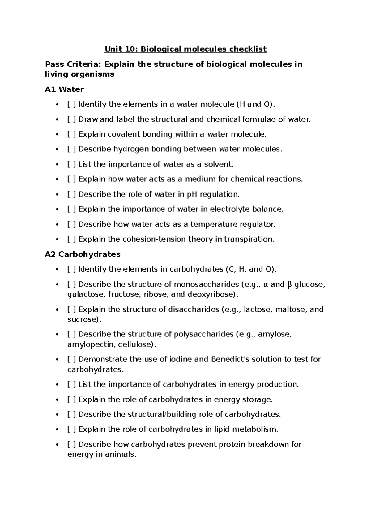 Unit 10: Comprehensive Biological Molecules Checklist - Studocu