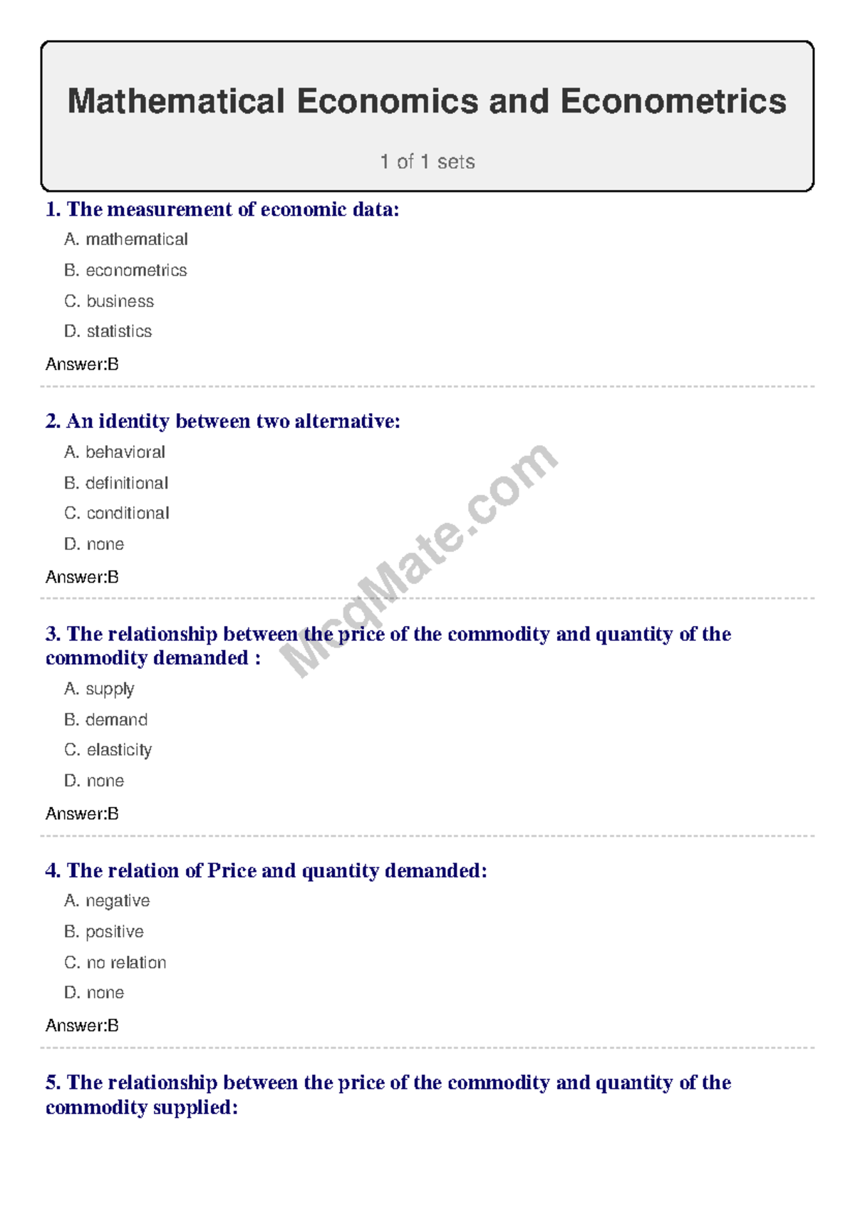 Mathematical Economics & Econometrics MCQ Set 1 Review Essentials - Studocu