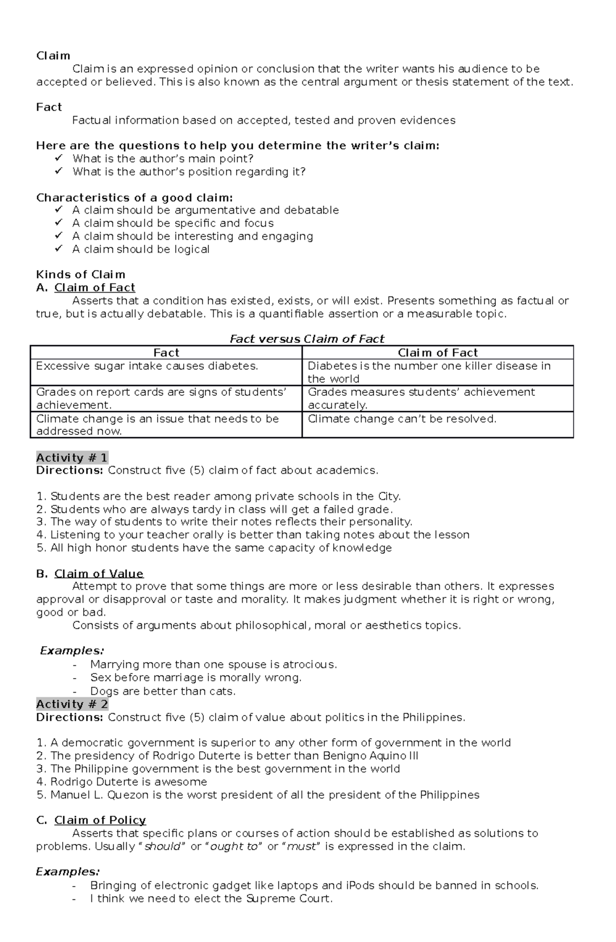Claims - English - Claim Claim is an expressed opinion or conclusion ...