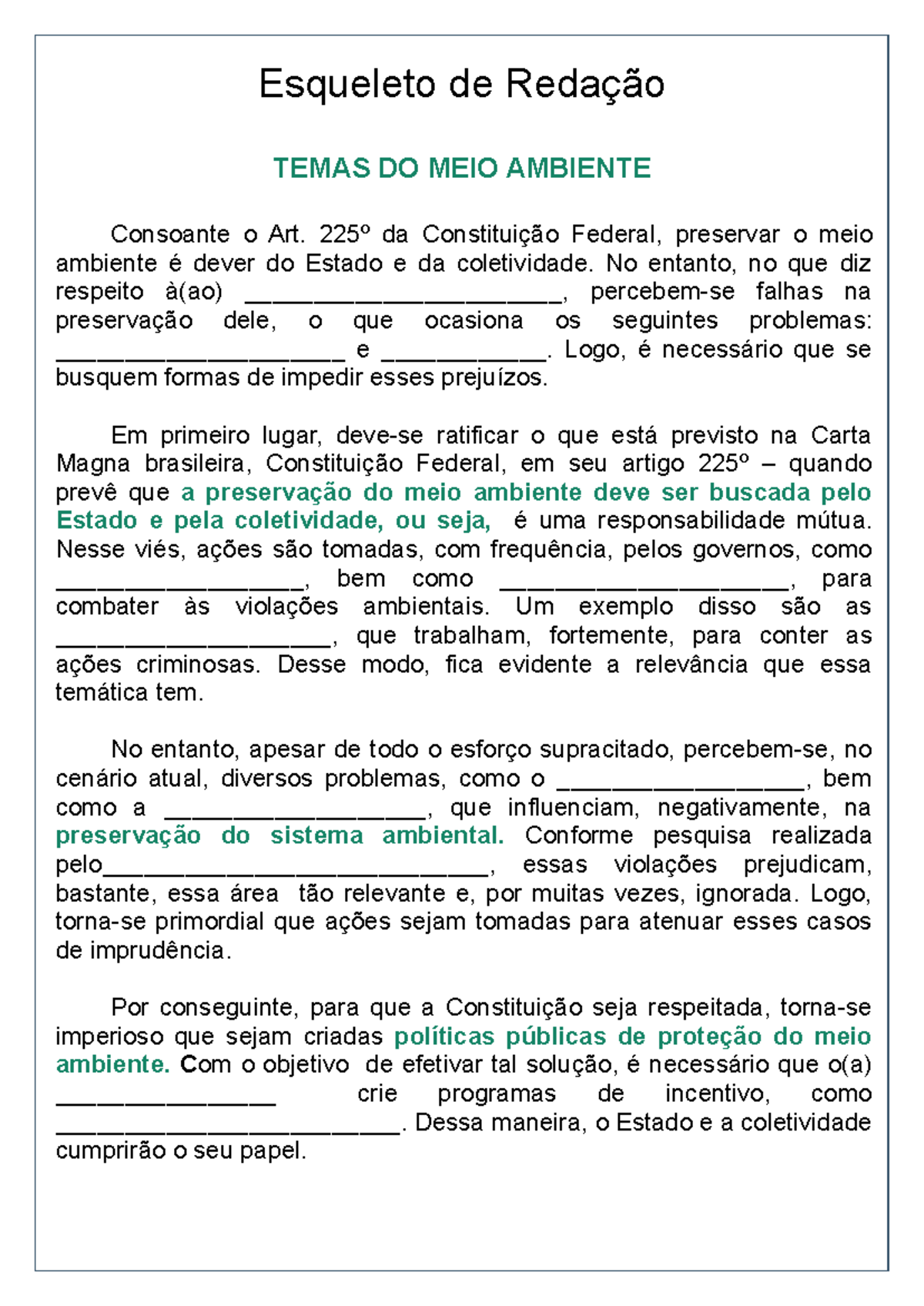 Esqueleto de Redação: Meio Ambiente e Introdução de Textos - Studocu
