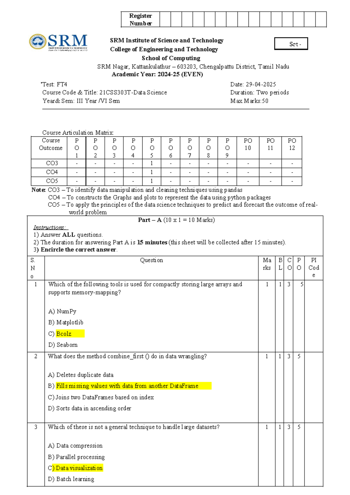 CT2 - Science FT4 Answer Key for Data Manipulation & Visualization ...