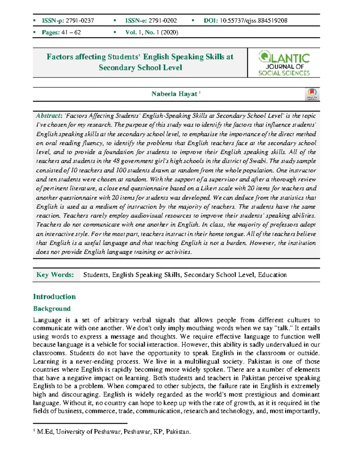 Factors Influencing English Speaking Skills in Secondary Students ...