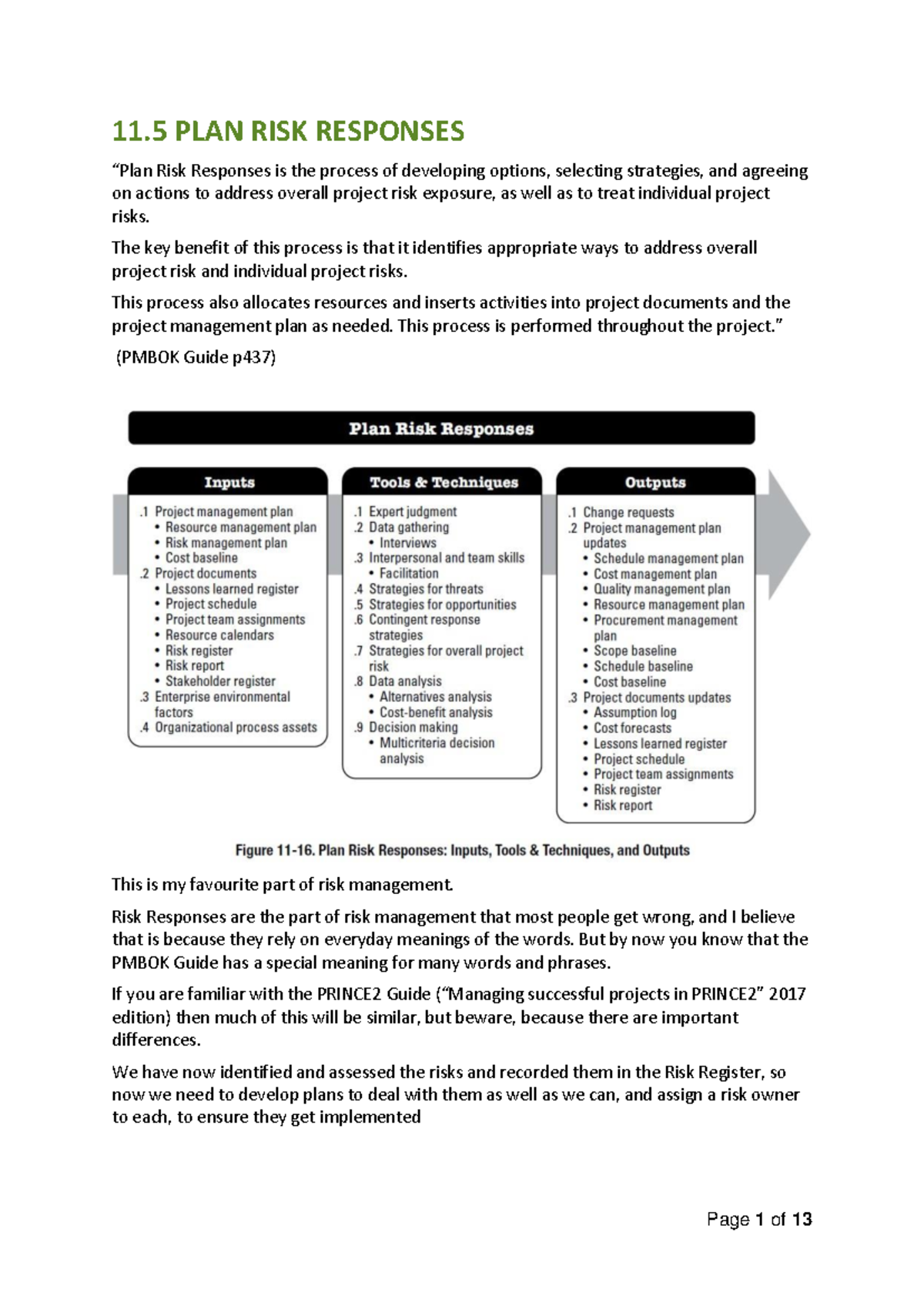 PMBOK 11.5: Developing Effective Risk Response Strategies - Studocu