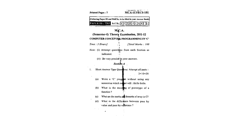 C Paper 2011-12 - PYQ for COMPUTER PROGRAMMING IN 4 (PAPER ID: 7303 ...