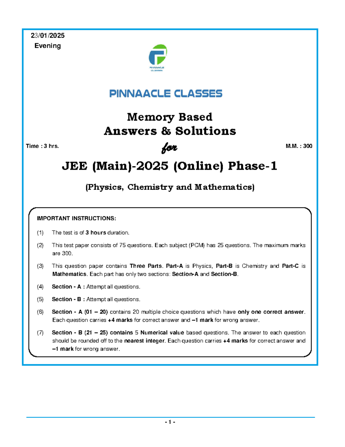 JEE Main 2025 Phase 1 Evening Answers & Solutions for Physics ...