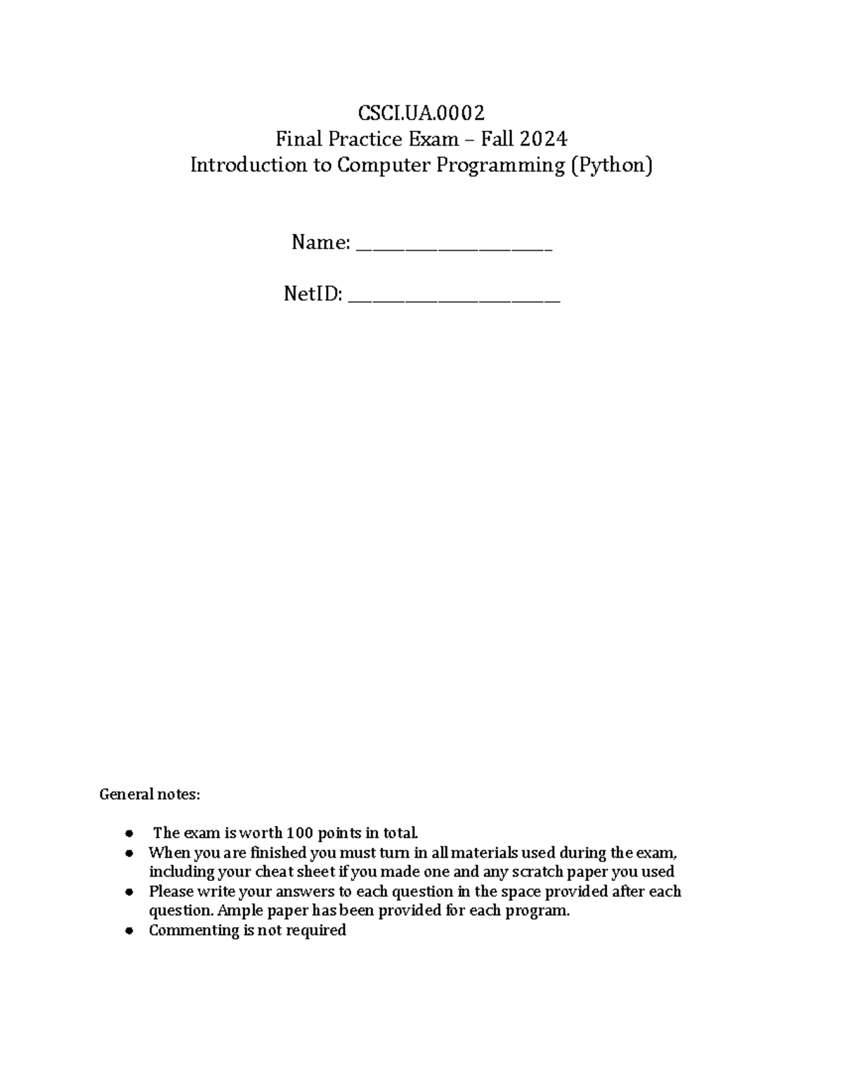 Final Practice Exam - Fall 2024: Intro to Computer Programming (Python ...
