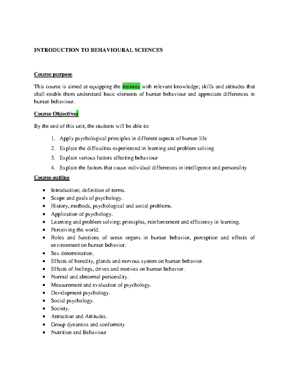 Intro. to Behavioural Science - INTRODUCTION TO BEHAVIOURAL SCIENCES ...