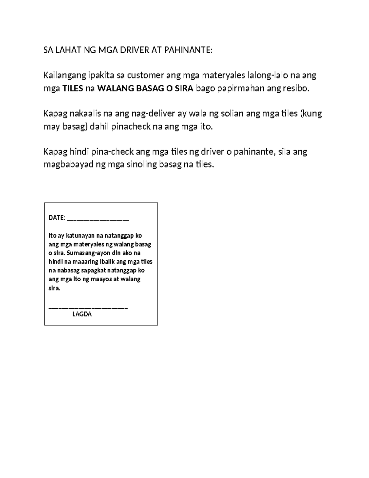 Mga Patakaran para sa mga Driver at Pahinante sa Pag-deliver - Studocu