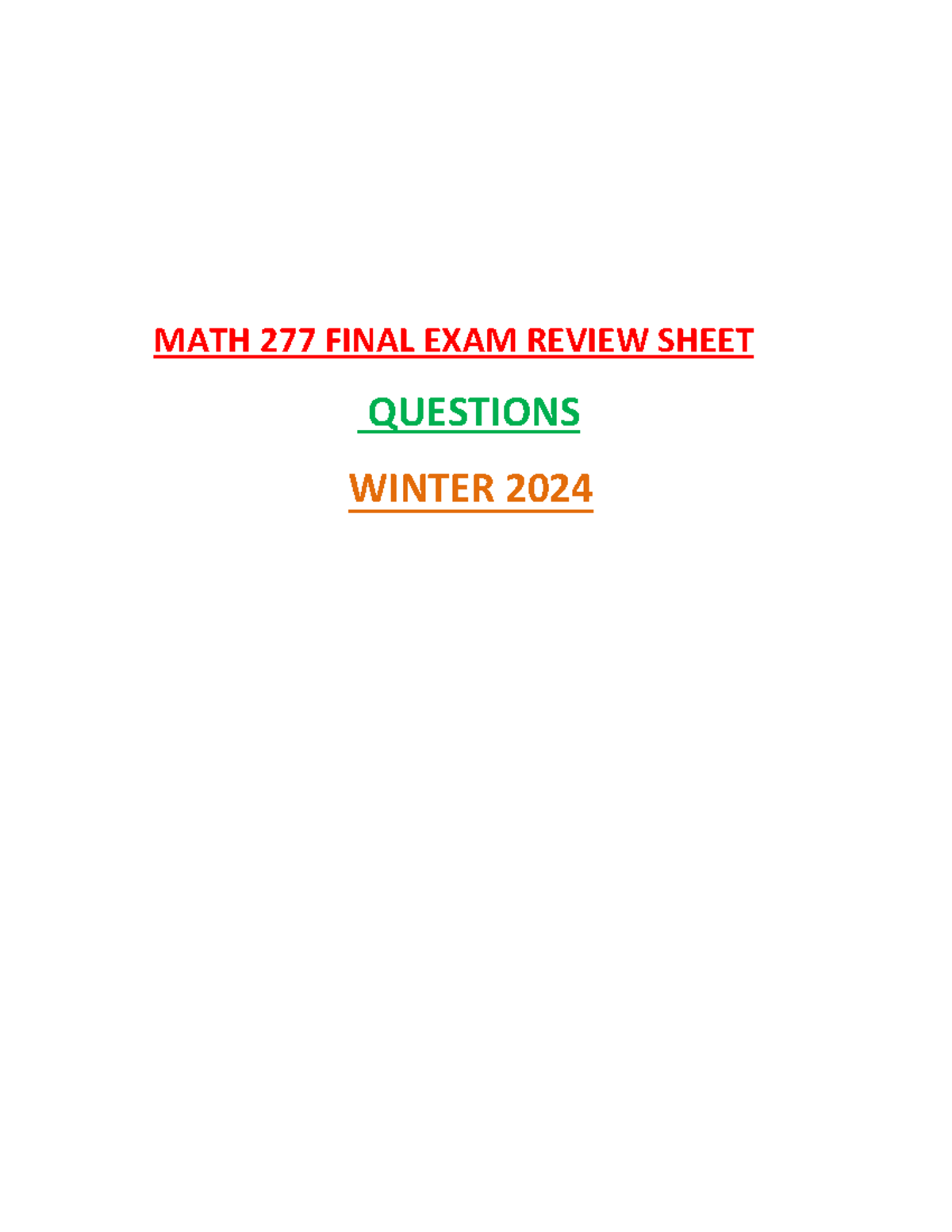 MATH277 Final Exam Review Sheet 1 - MATH 277 FINAL EXAM REVIEW SHEET ...