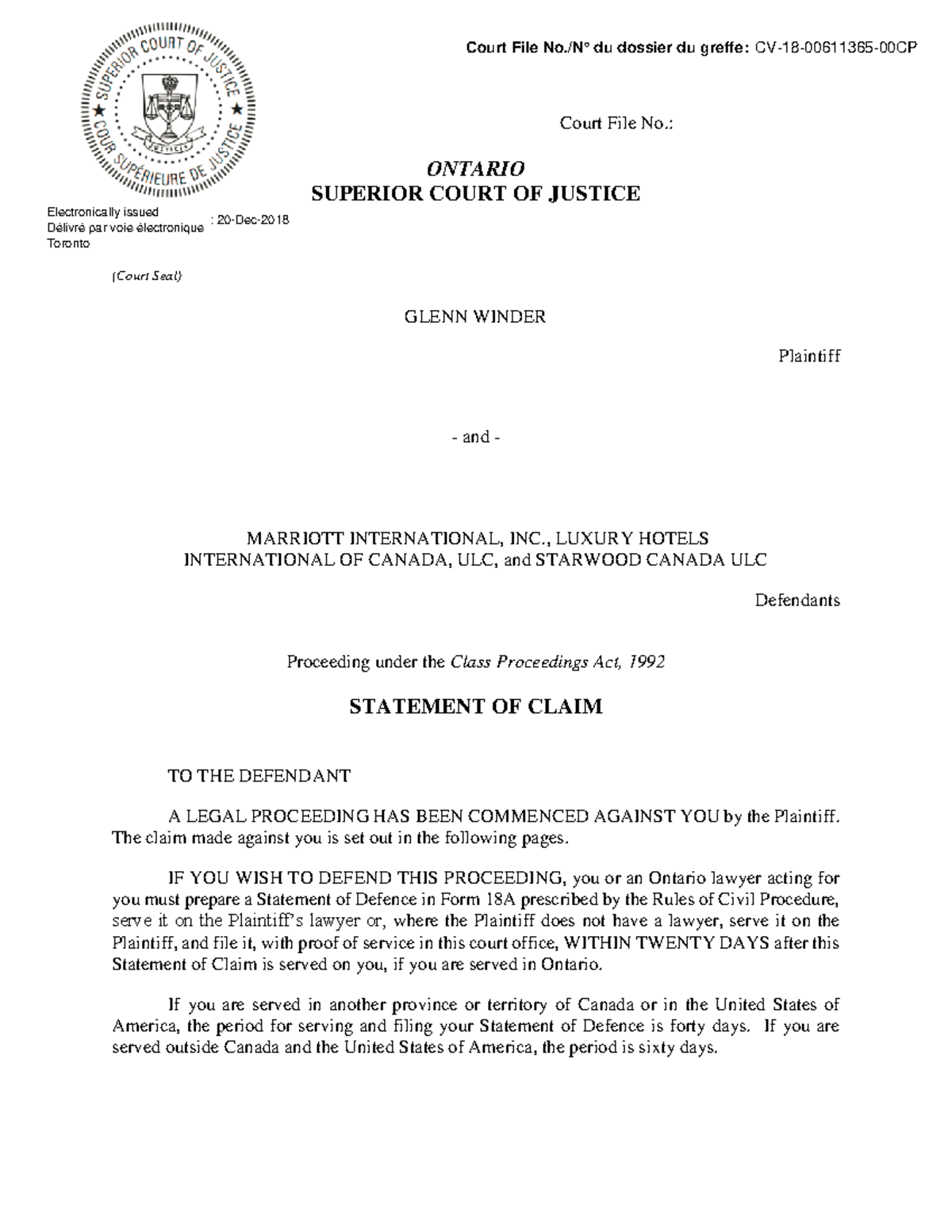 Example - Statement of Claim - Court File No.: ONTARIO SUPERIOR COURT ...