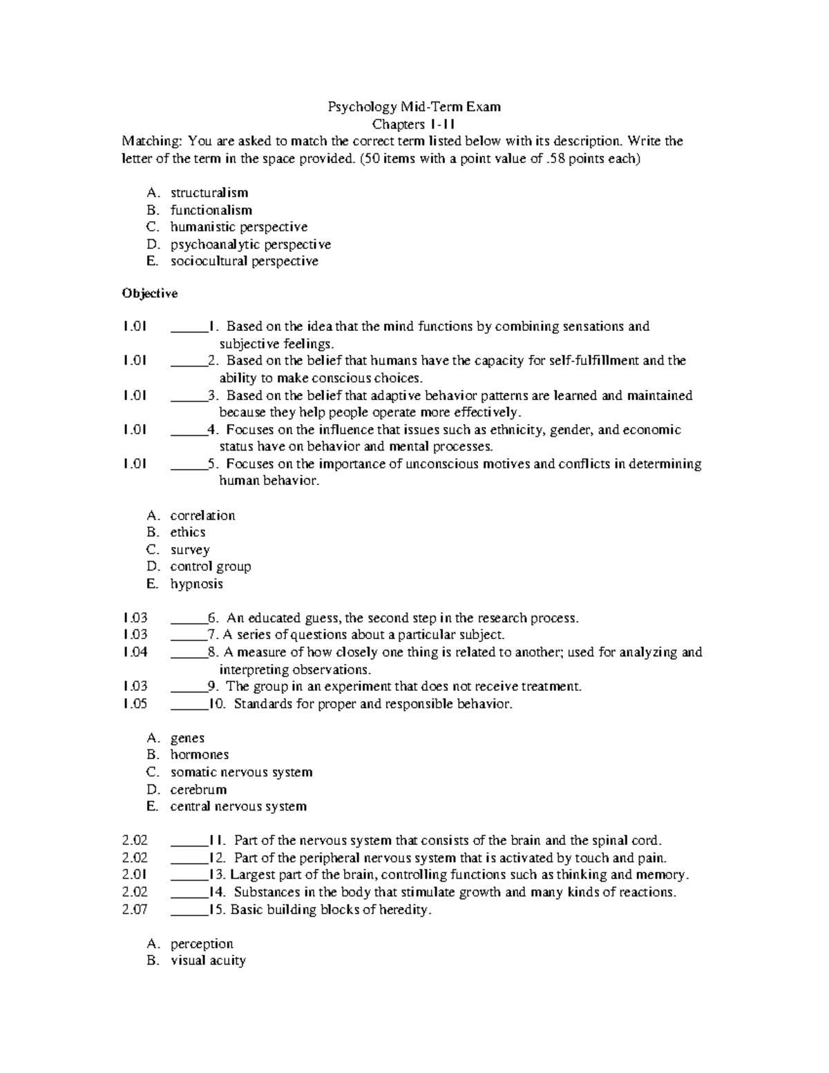 Psychology PYS 201 Midterm Exam Review: Chapters Matching Guide - Studocu
