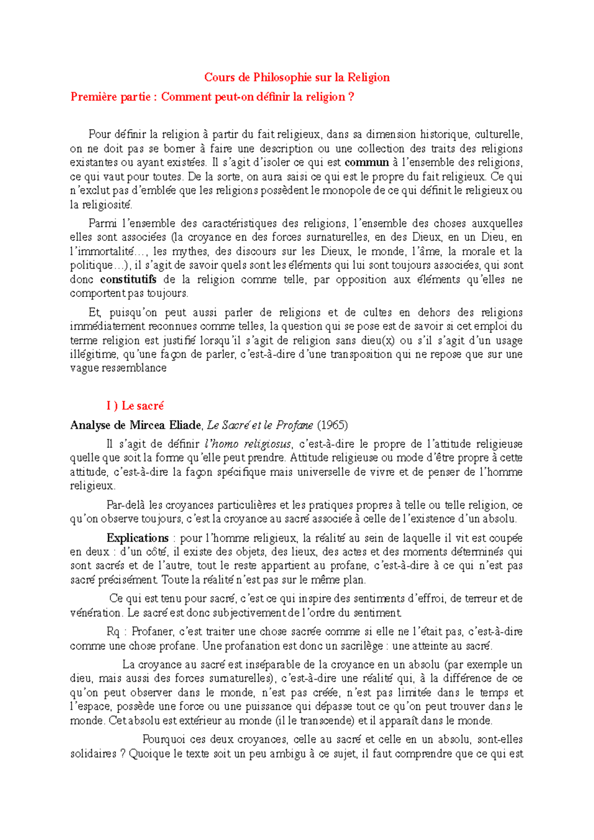 Cours de Philosophie sur la Religion : Concepts et Reflexions ...